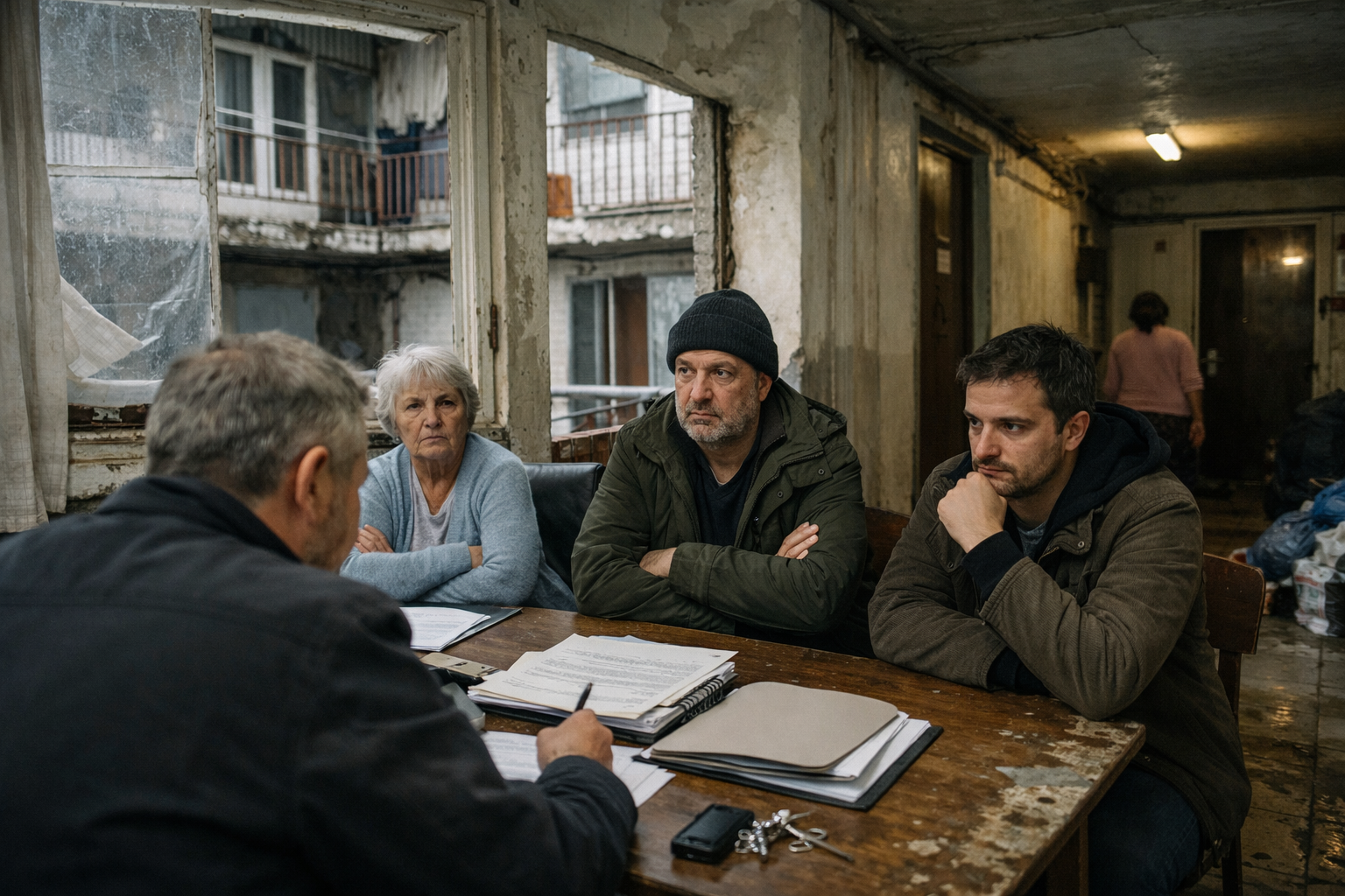 Quatre personnes concentrées autour d'une table couverte de documents