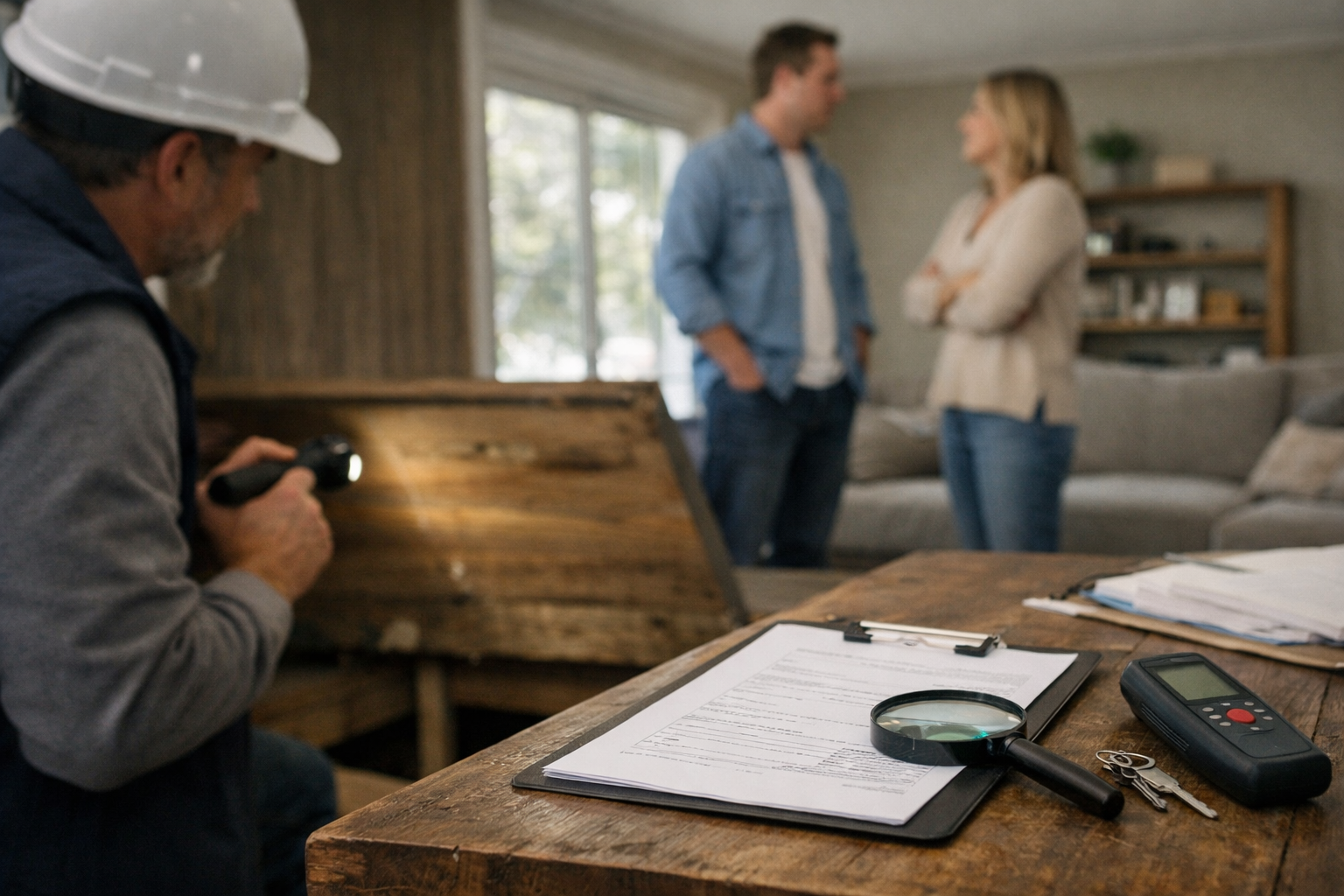 Bloc-notes et mètre ruban sur table, couple discutant