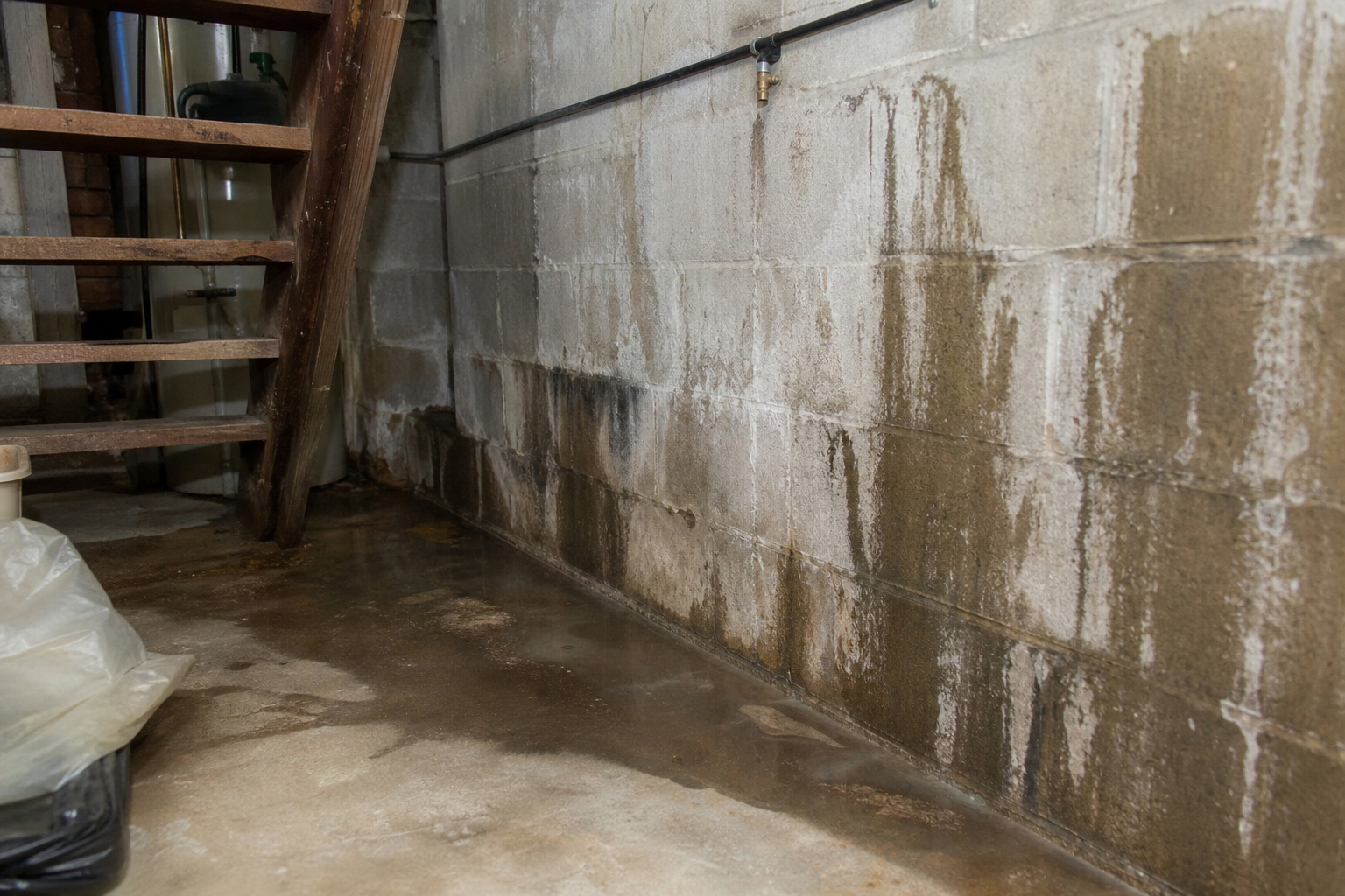 Mur de sous-sol en parpaings mouillés, traces d'humidité