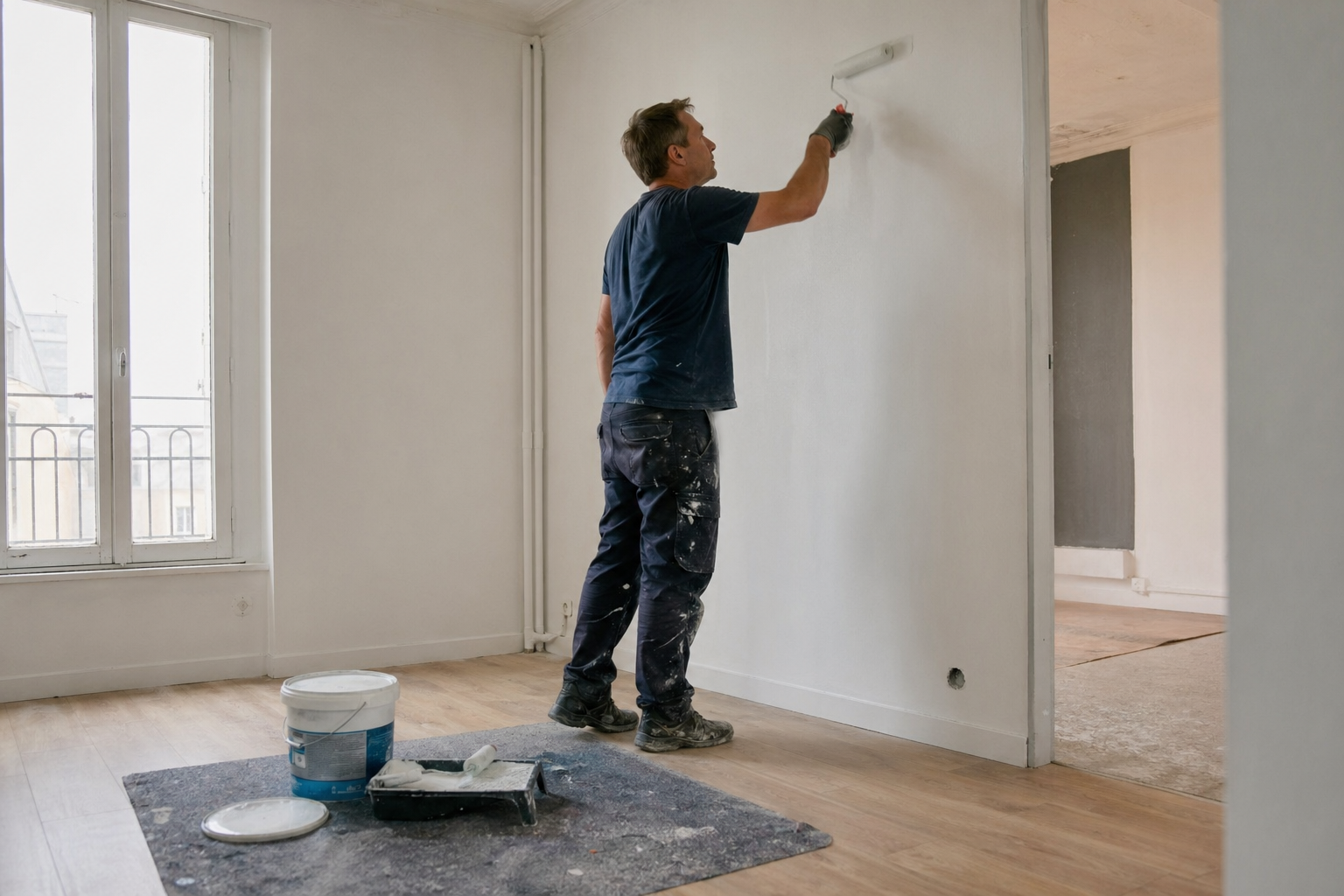 homme peignant un mur intérieur en blanc