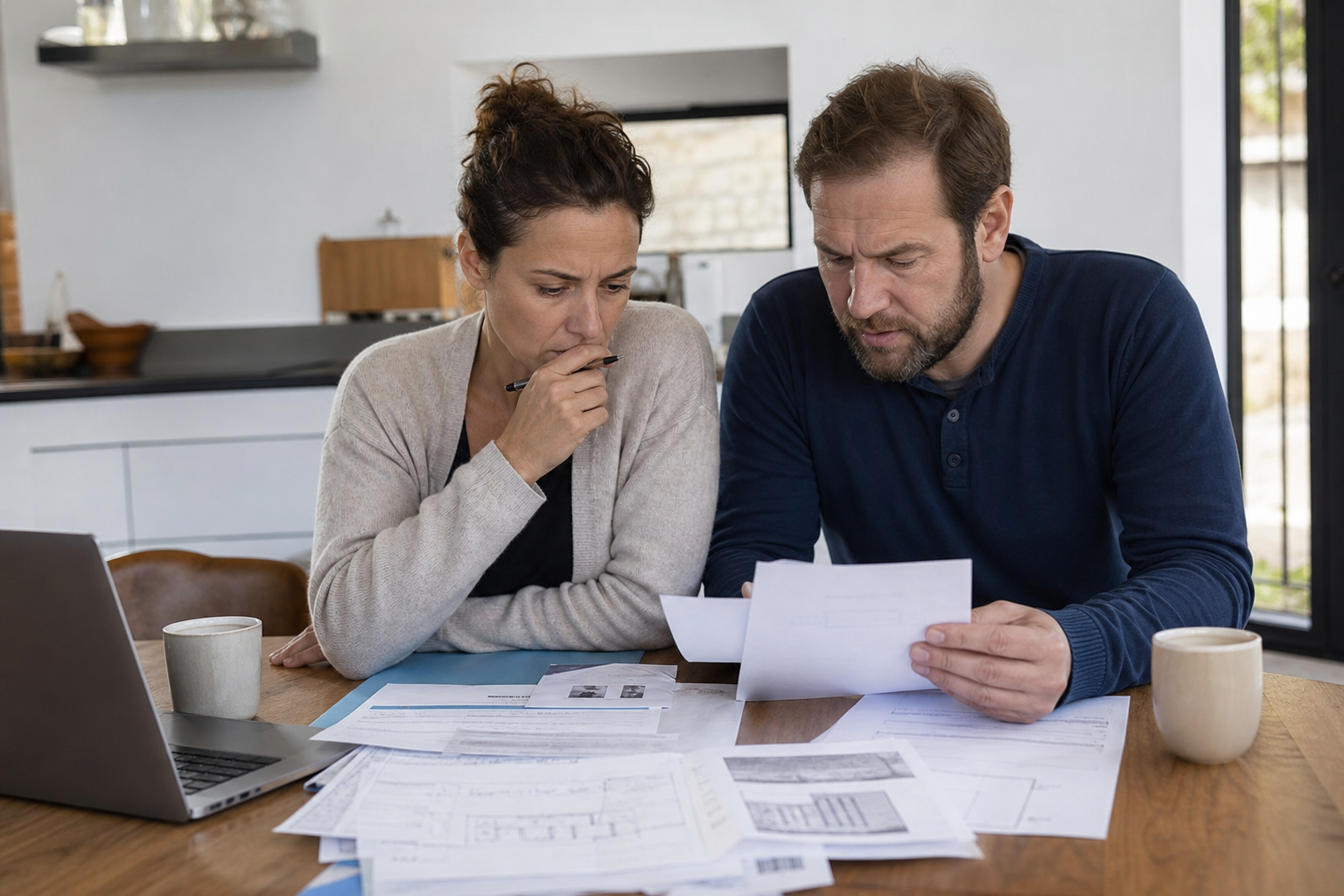 Couple préoccupé examinant des factures et documents