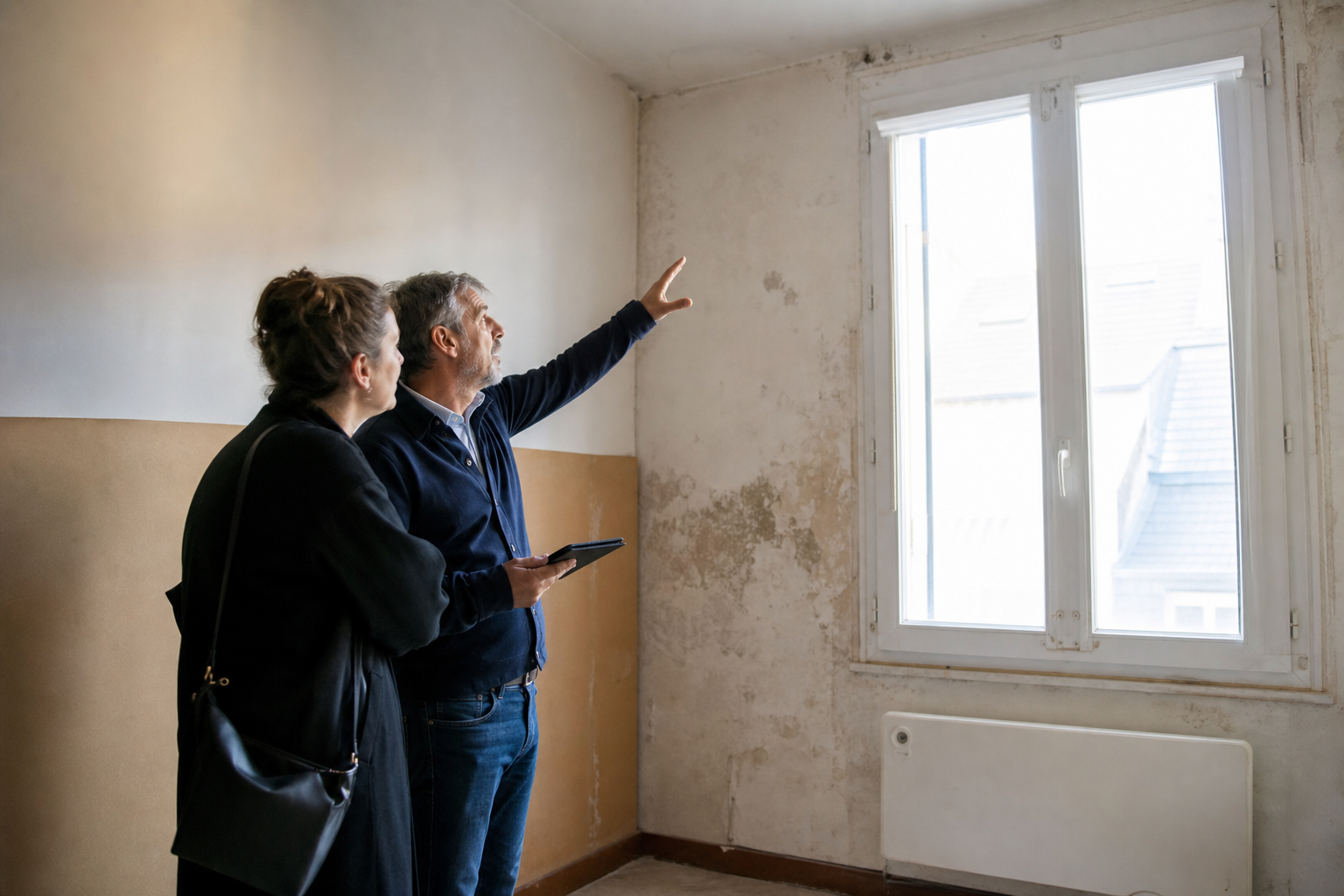 Deux personnes inspectent des moisissures sur le mur