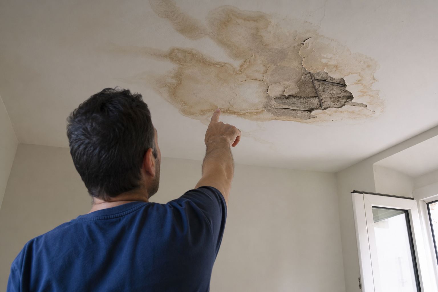 Homme pointant une tache d'humidité au plafond