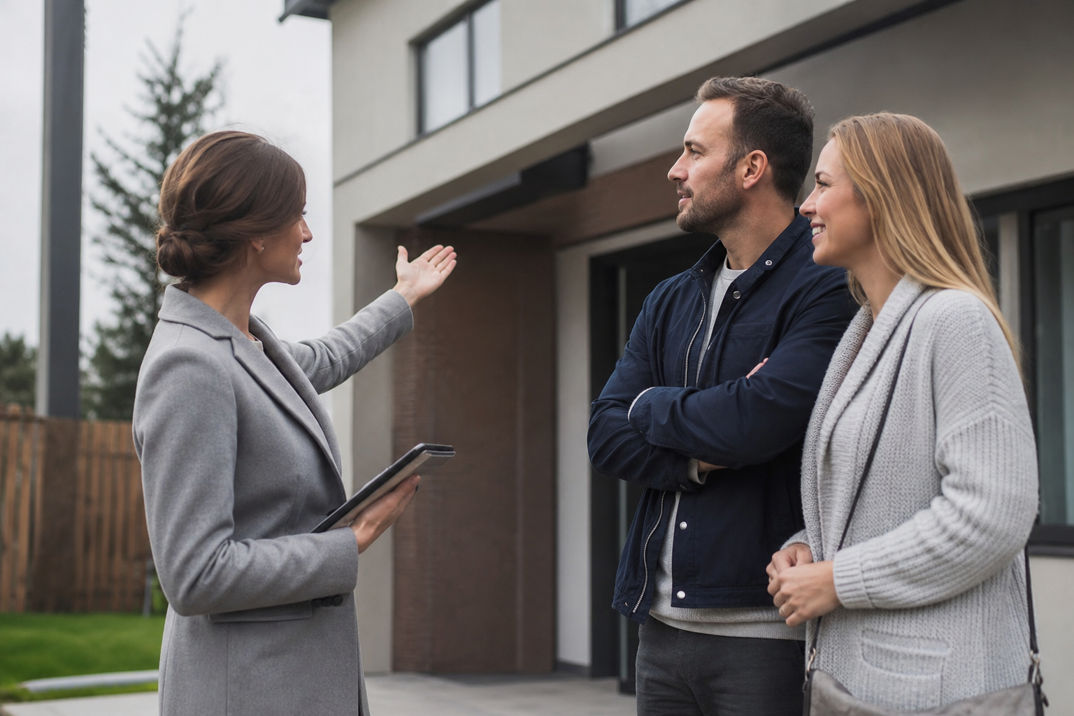 Agent immobilier présentant une maison à un couple